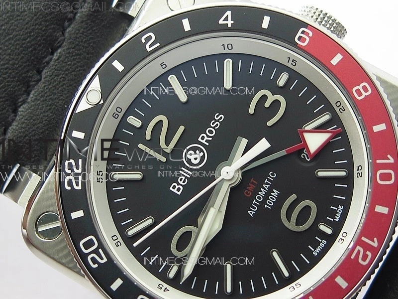 BR03-93 GMT SS B12 Black Dial on Black Leather Strap A2836 V2