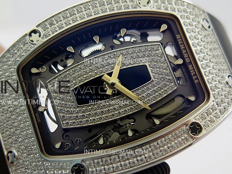 RM07 Full Paved Diamonds SS ZF Best Edition Black Diamond Skeleton Dial On Black Rubber Strap Asian CRMA2 Clone