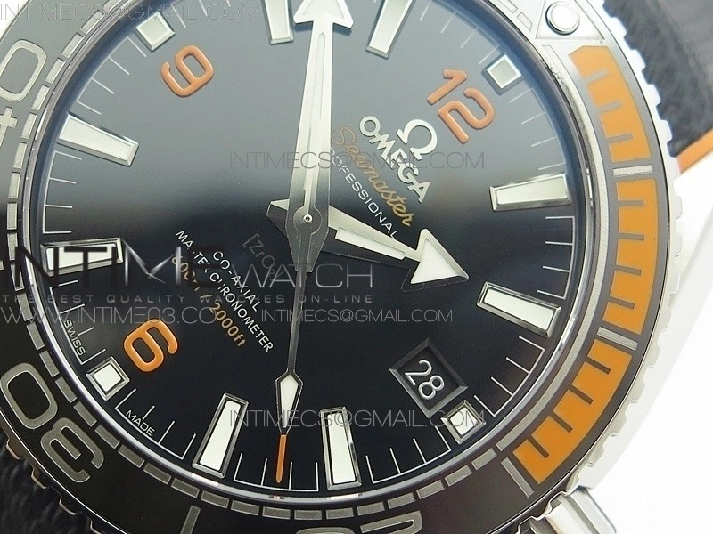 Planet Ocean 43.5mm SS VSF 1:1 Best Edition Black Orange Bezel Black Dial on Black Nylon Strap A8900 Super Clone