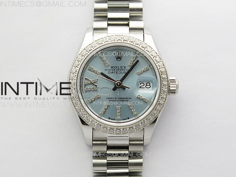 Datejust 28mm 279179 SS Crystals APSF Best Edition Ice Blue Dial Sticks Crystals Markers on SS President Bracelet NH05