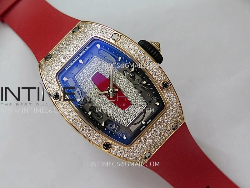 RM07 Paved Snowflake Cut Diamonds RG ZF Best Edition Red MOP Diamond Skeleton Dial On Red Rubber Strap Asian CRMA2 Clone