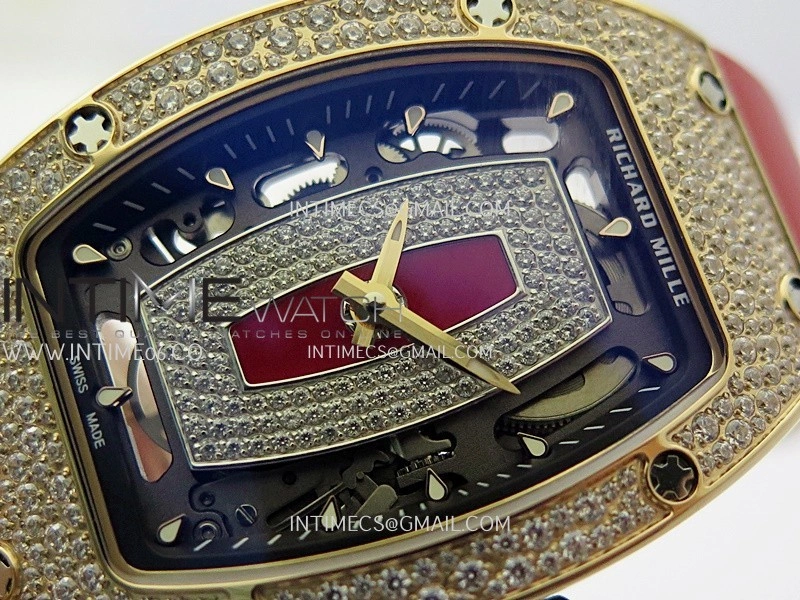 RM07 Paved Snowflake Cut Diamonds RG ZF Best Edition Red MOP Diamond Skeleton Dial On Red Rubber Strap Asian CRMA2 Clone