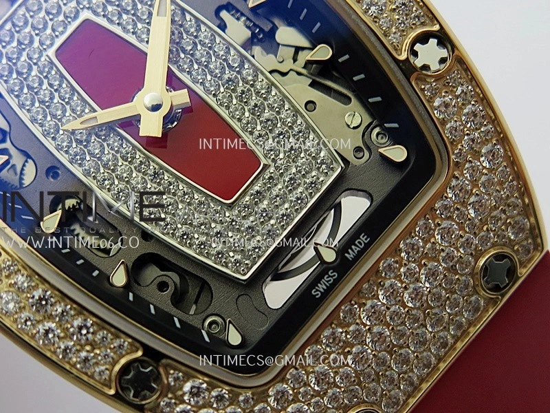 RM07 Paved Snowflake Cut Diamonds RG ZF Best Edition Red MOP Diamond Skeleton Dial On Red Rubber Strap Asian CRMA2 Clone