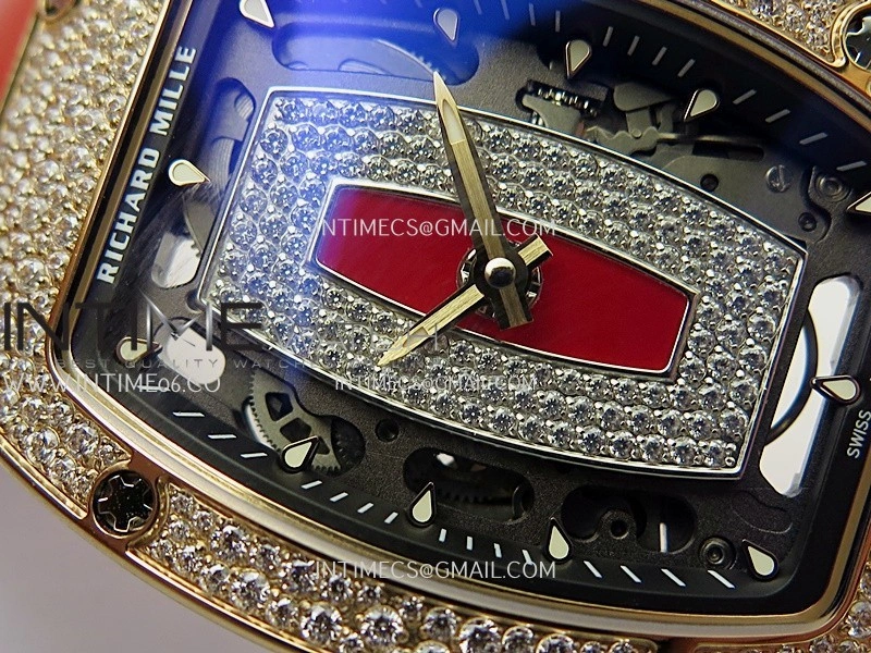 RM07 Paved Snowflake Cut Diamonds RG ZF Best Edition Red MOP Diamond Skeleton Dial On Red Rubber Strap Asian CRMA2 Clone