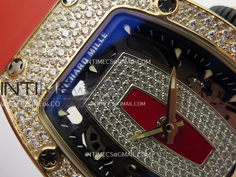 RM07 Paved Snowflake Cut Diamonds RG ZF Best Edition Red MOP Diamond Skeleton Dial On Red Rubber Strap Asian CRMA2 Clone