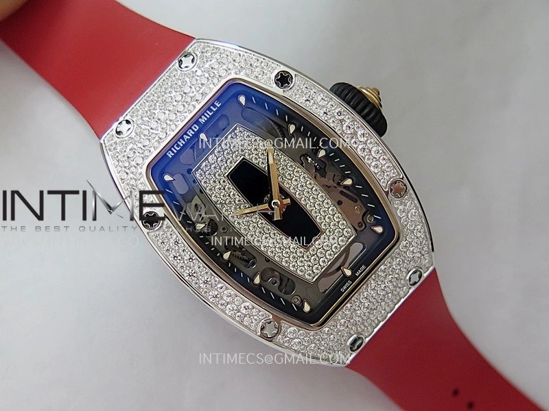 RM07 Paved Snowflake Cut Diamonds SS ZF Best Edition Red MOP Diamond Skeleton Dial On Red Rubber Strap Asian CRMA2 Clone