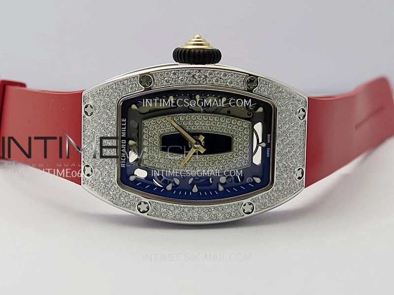 RM07 Paved Snowflake Cut Diamonds SS ZF Best Edition Red MOP Diamond Skeleton Dial On Red Rubber Strap Asian CRMA2 Clone