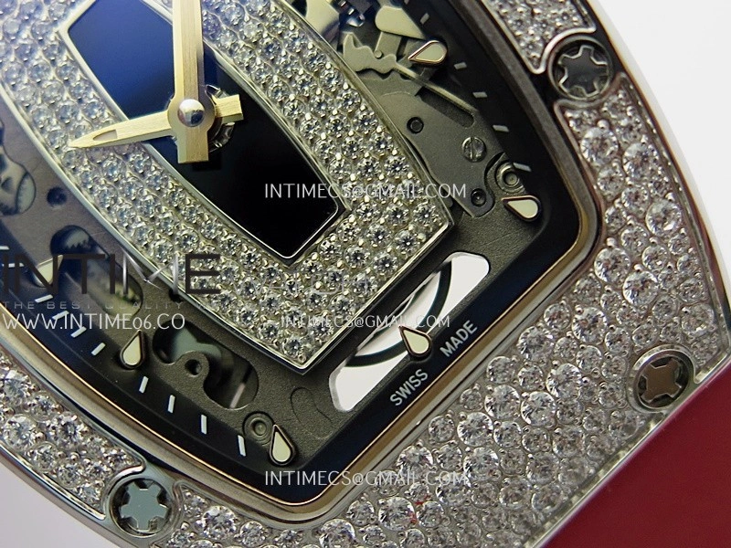 RM07 Paved Snowflake Cut Diamonds SS ZF Best Edition Red MOP Diamond Skeleton Dial On Red Rubber Strap Asian CRMA2 Clone
