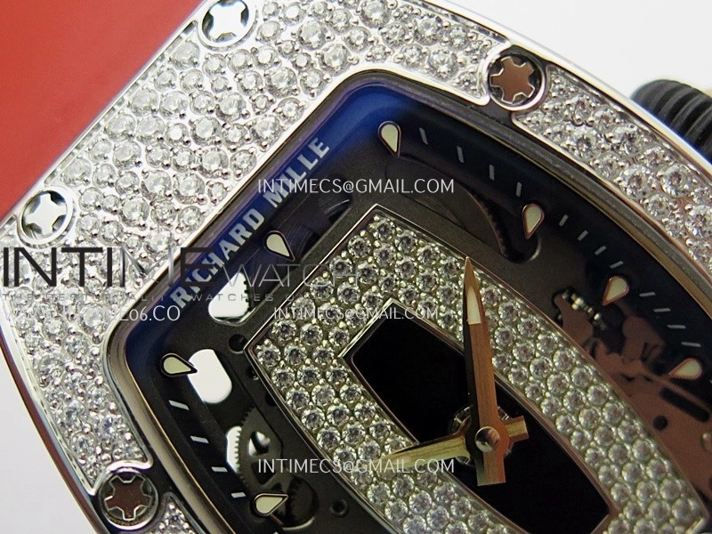 RM07 Paved Snowflake Cut Diamonds SS ZF Best Edition Red MOP Diamond Skeleton Dial On Red Rubber Strap Asian CRMA2 Clone