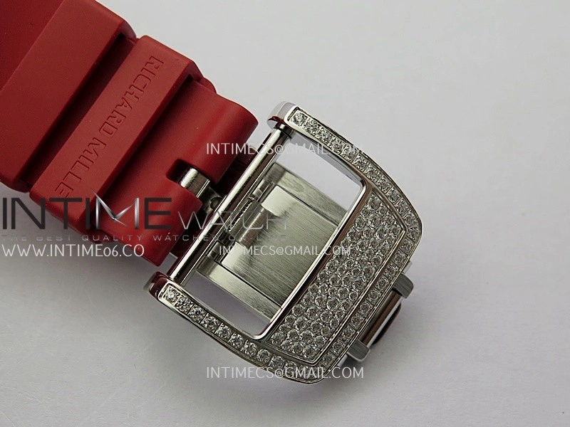 RM07 Paved Snowflake Cut Diamonds SS ZF Best Edition Red MOP Diamond Skeleton Dial On Red Rubber Strap Asian CRMA2 Clone