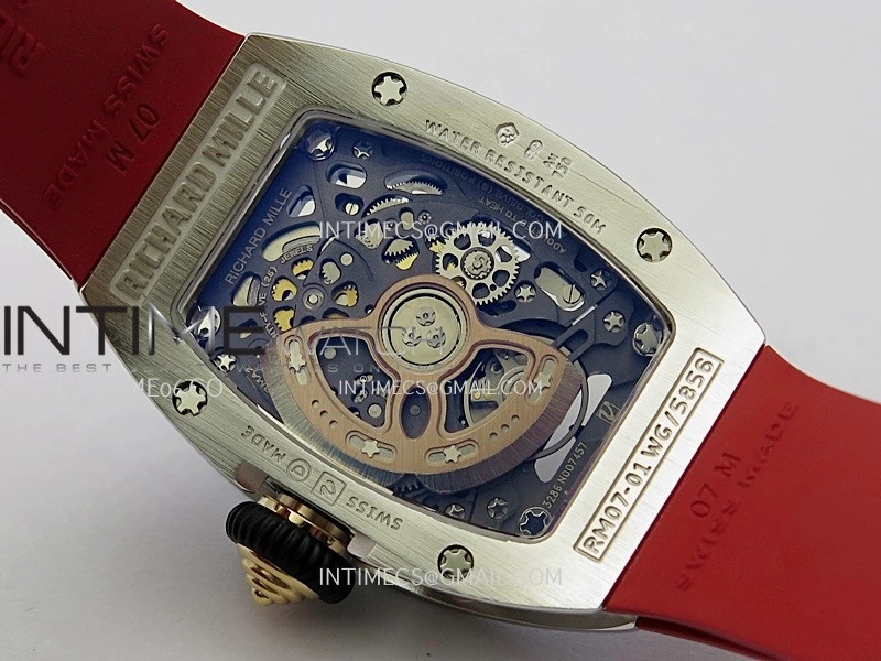 RM07 Paved Snowflake Cut Diamonds SS ZF Best Edition Red MOP Diamond Skeleton Dial On Red Rubber Strap Asian CRMA2 Clone