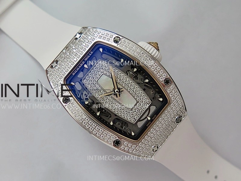RM07 Full Paved Diamond SS ZF Best Edition White Diamond Skeleton Dial On White Rubber Strap Asian CRMA2 Clone