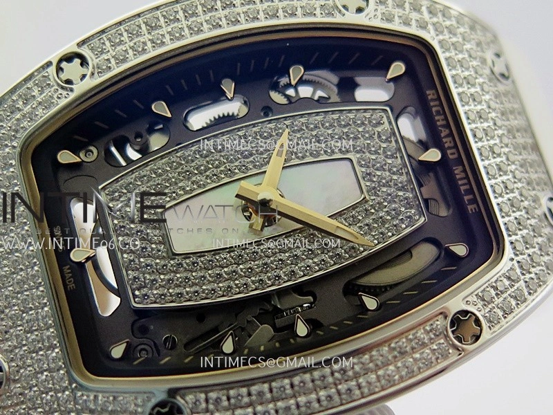 RM07 Full Paved Diamond SS ZF Best Edition White Diamond Skeleton Dial On White Rubber Strap Asian CRMA2 Clone
