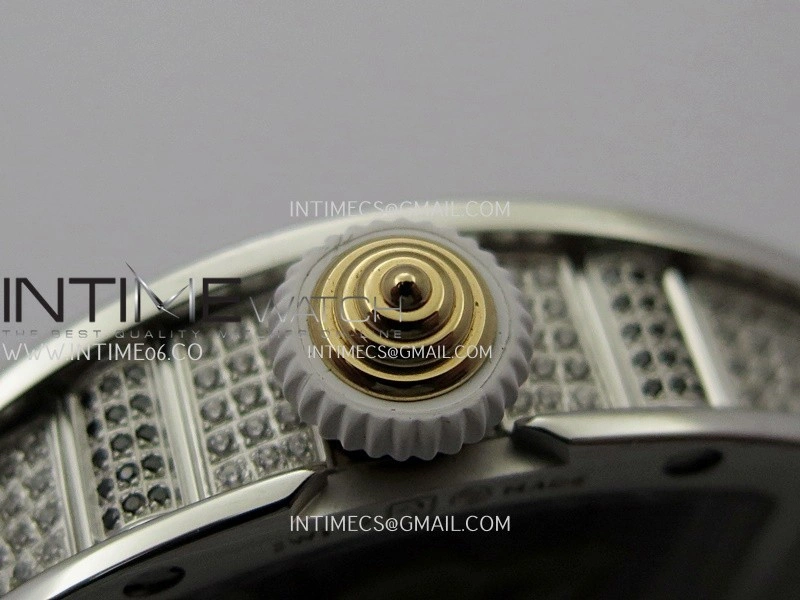 RM07 Full Paved Diamond SS ZF Best Edition White Diamond Skeleton Dial On White Rubber Strap Asian CRMA2 Clone
