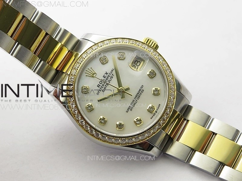DateJust 31mm 72610 SS YG Crystals Bezel APSF Best Edition White MOP Dial Crystals Markers on Oyster Bracelet A2824