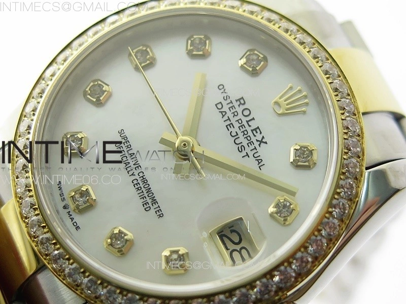 DateJust 31mm 72610 SS YG Crystals Bezel APSF Best Edition White MOP Dial Crystals Markers on Oyster Bracelet A2824