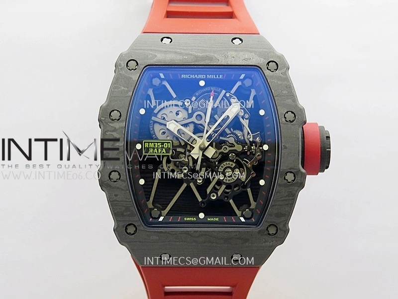 RM035-01 Black Carbon ZF Best Edition Skeleton Dial On Red Rubber Strap Super Clone RMUL2