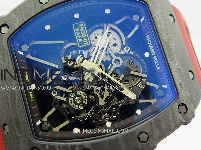 RM035-01 Black Carbon ZF Best Edition Skeleton Dial On Red Rubber Strap Super Clone RMUL2