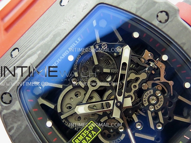 RM035-01 Black Carbon ZF Best Edition Skeleton Dial On Red Rubber Strap Super Clone RMUL2