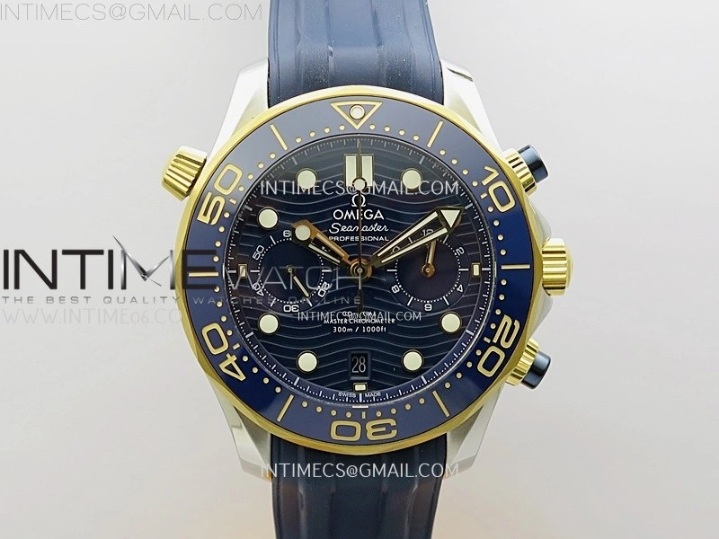 Seamaster 300M Chrono Blue Ceramic Bezel SS YG N1F 1:1 Best Edition Blue Dial on Blue Rubber Strap A9900