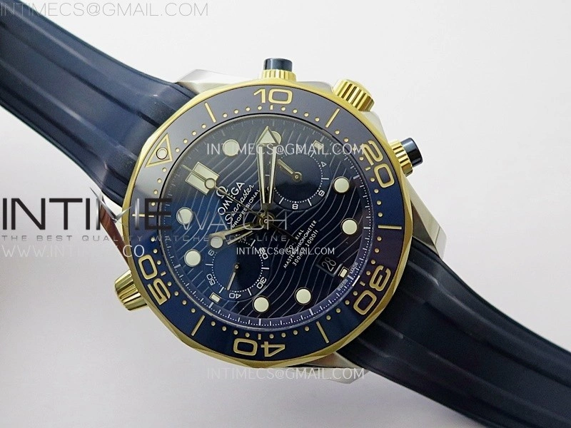 Seamaster 300M Chrono Blue Ceramic Bezel SS YG N1F 1:1 Best Edition Blue Dial on Blue Rubber Strap A9900