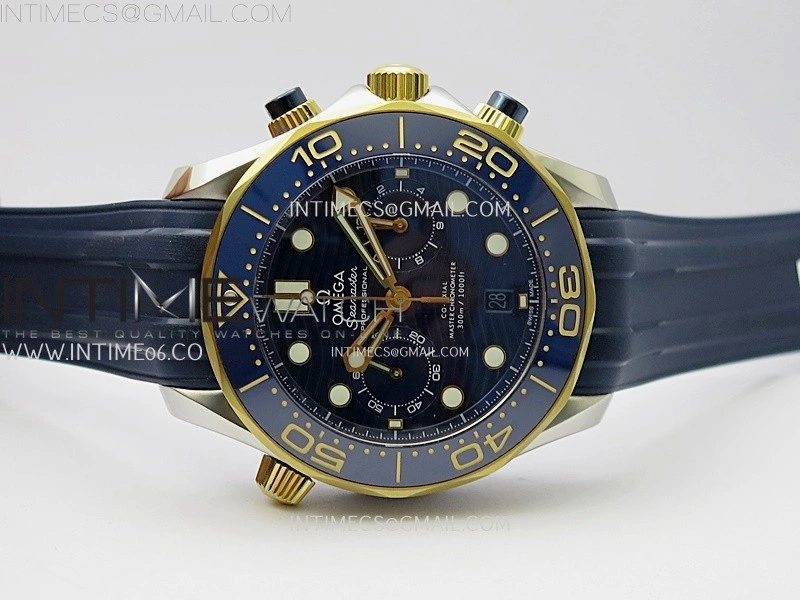 Seamaster 300M Chrono Blue Ceramic Bezel SS YG N1F 1:1 Best Edition Blue Dial on Blue Rubber Strap A9900