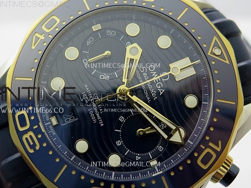 Seamaster 300M Chrono Blue Ceramic Bezel SS YG N1F 1:1 Best Edition Blue Dial on Blue Rubber Strap A9900