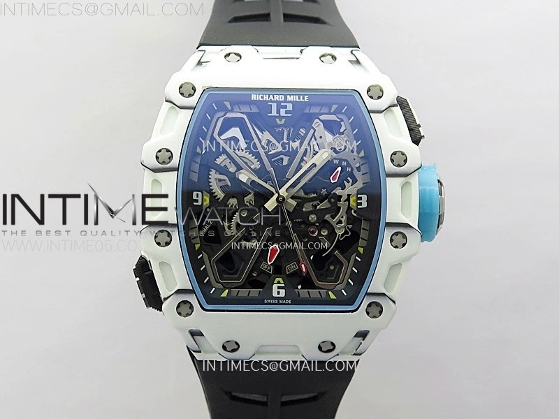 RM035-03 White Carbon Blue Crown Z Factory Skeleton Dial on Black Rubber Strap Asian Skeleton movement