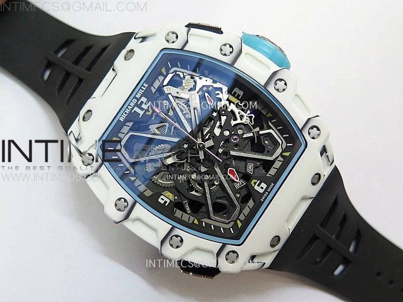 RM035-03 White Carbon Blue Crown Z Factory Skeleton Dial on Black Rubber Strap Asian Skeleton movement