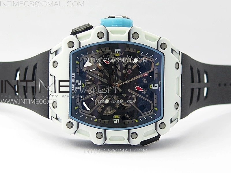 RM035-03 White Carbon Blue Crown Z Factory Skeleton Dial on Black Rubber Strap Asian Skeleton movement