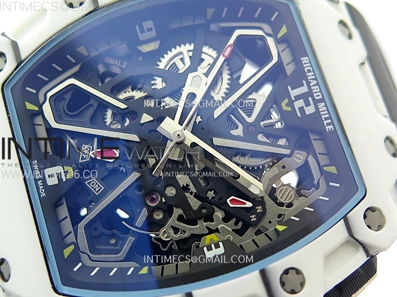 RM035-03 White Carbon Blue Crown Z Factory Skeleton Dial on Black Rubber Strap Asian Skeleton movement