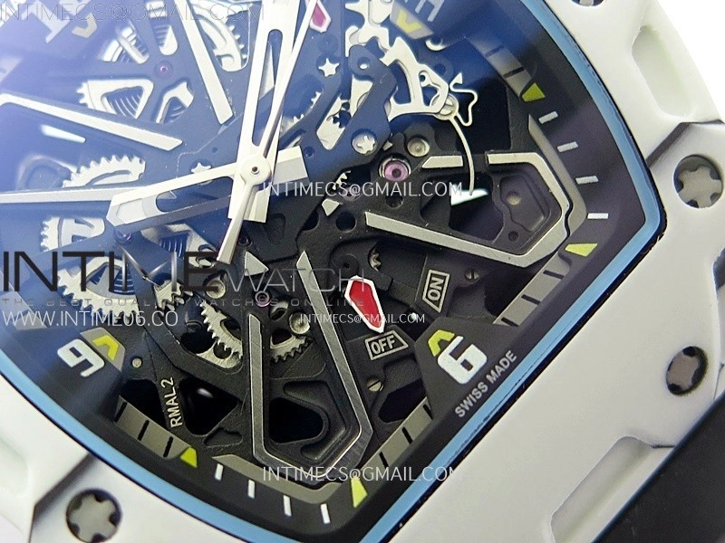 RM035-03 White Carbon Blue Crown Z Factory Skeleton Dial on Black Rubber Strap Asian Skeleton movement