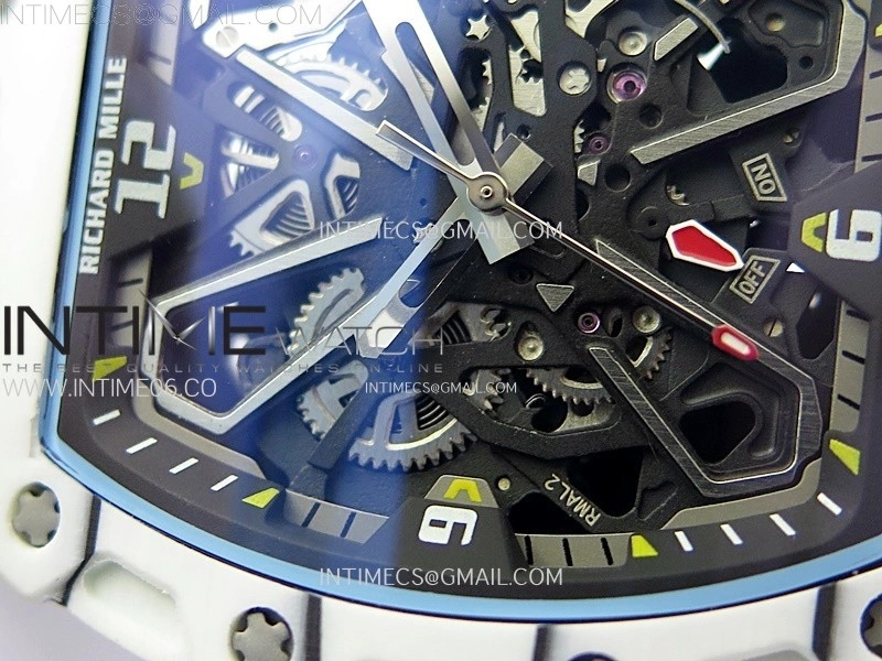 RM035-03 White Carbon Blue Crown Z Factory Skeleton Dial on Black Rubber Strap Asian Skeleton movement