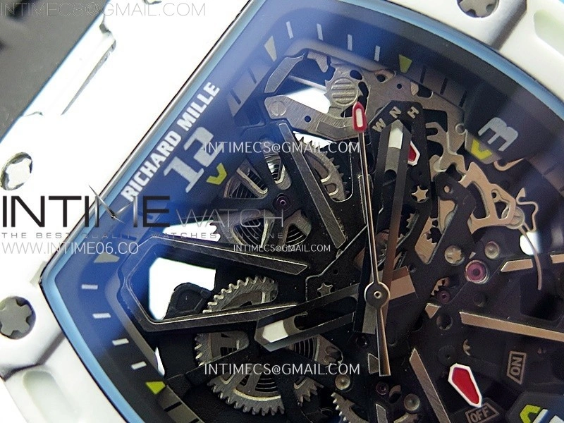 RM035-03 White Carbon Blue Crown Z Factory Skeleton Dial on Black Rubber Strap Asian Skeleton movement