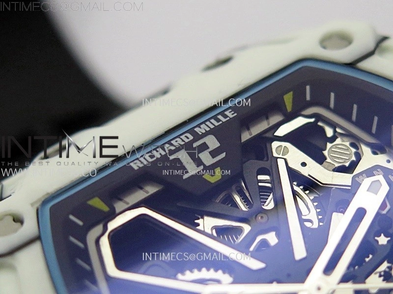 RM035-03 White Carbon Blue Crown Z Factory Skeleton Dial on Black Rubber Strap Asian Skeleton movement