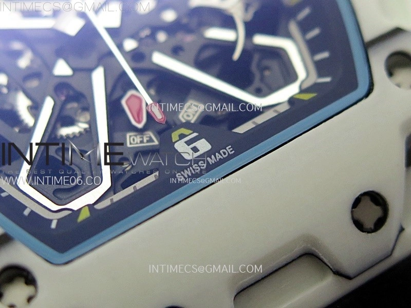 RM035-03 White Carbon Blue Crown Z Factory Skeleton Dial on Black Rubber Strap Asian Skeleton movement