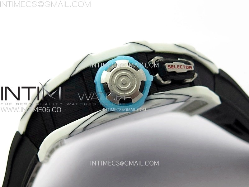 RM035-03 White Carbon Blue Crown Z Factory Skeleton Dial on Black Rubber Strap Asian Skeleton movement