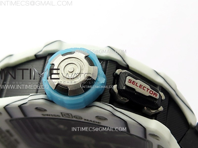 RM035-03 White Carbon Blue Crown Z Factory Skeleton Dial on Black Rubber Strap Asian Skeleton movement