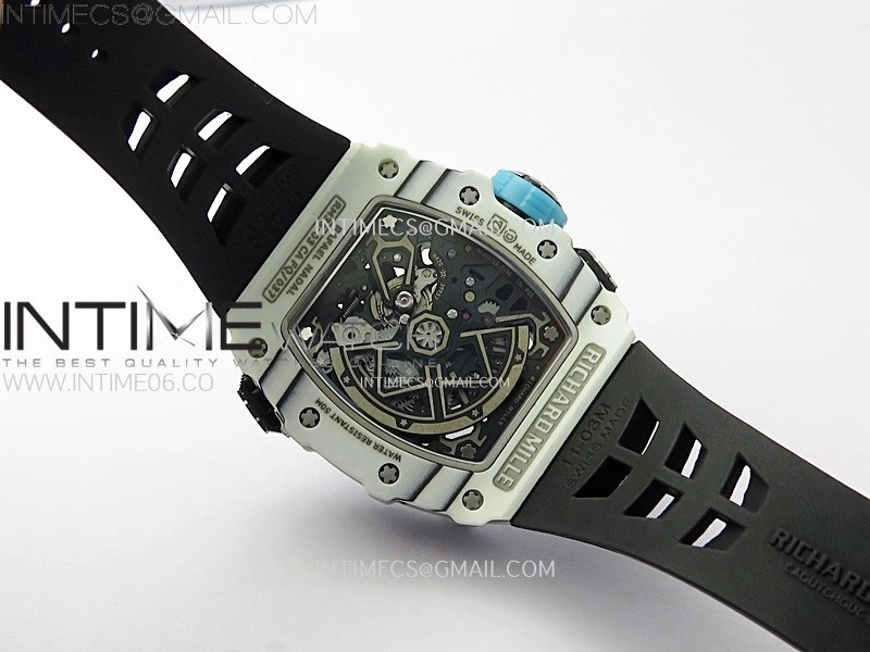 RM035-03 White Carbon Blue Crown Z Factory Skeleton Dial on Black Rubber Strap Asian Skeleton movement