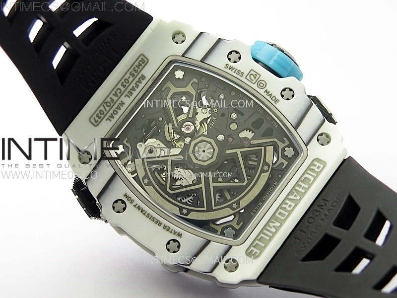 RM035-03 White Carbon Blue Crown Z Factory Skeleton Dial on Black Rubber Strap Asian Skeleton movement