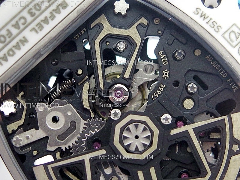 RM035-03 White Carbon Blue Crown Z Factory Skeleton Dial on Black Rubber Strap Asian Skeleton movement