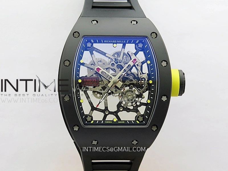 RM035 AMERICAS MANUAL CARBON BLACK CERAMIC ZF 1:1 BEST EDITION SKELETON DIAL ON BLACK RUBBER STRAP SUPER CLONE RMUL1