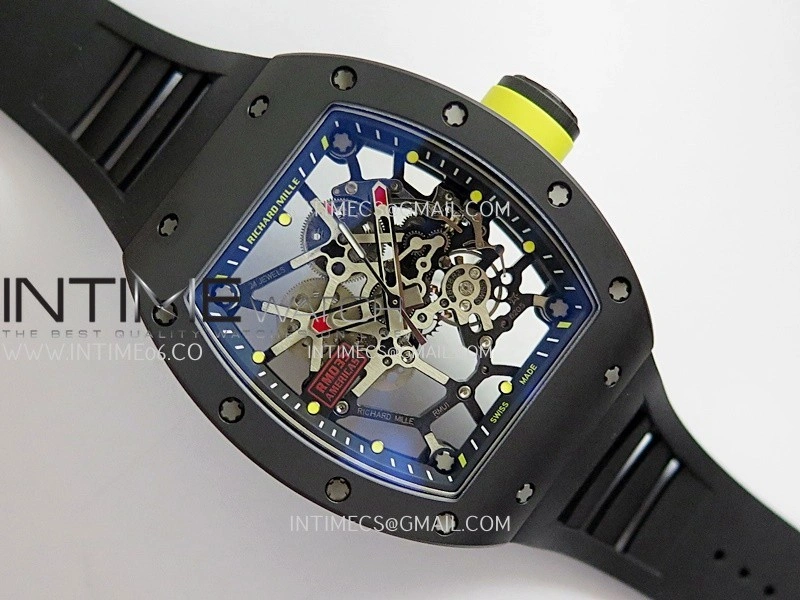 RM035 AMERICAS MANUAL CARBON BLACK CERAMIC ZF 1:1 BEST EDITION SKELETON DIAL ON BLACK RUBBER STRAP SUPER CLONE RMUL1