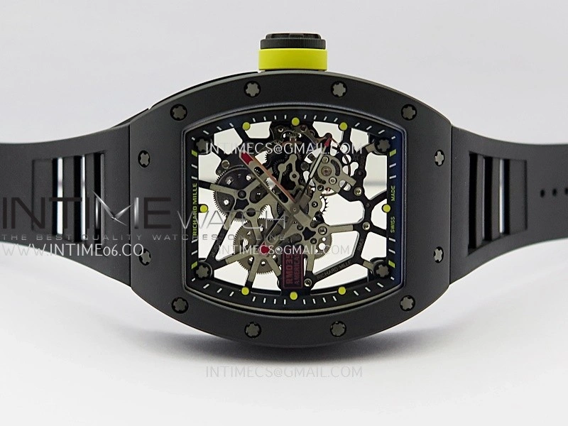 RM035 AMERICAS MANUAL CARBON BLACK CERAMIC ZF 1:1 BEST EDITION SKELETON DIAL ON BLACK RUBBER STRAP SUPER CLONE RMUL1