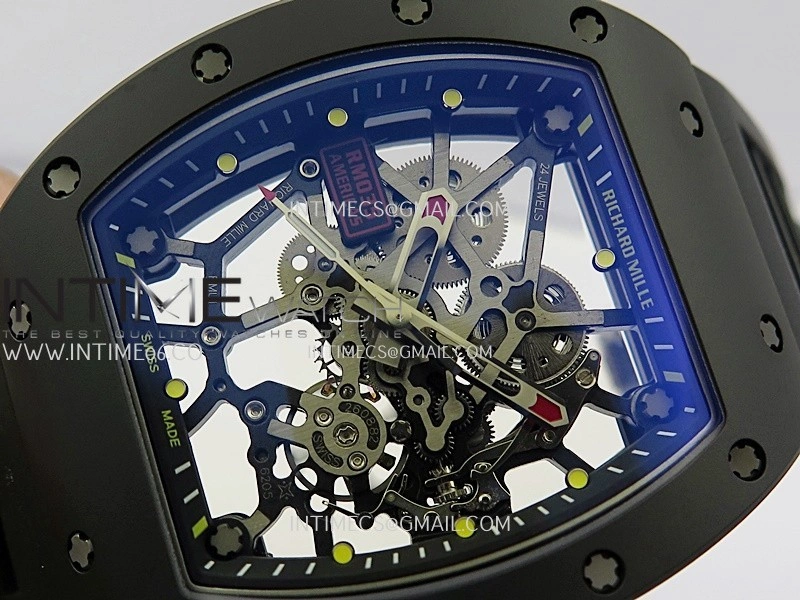 RM035 AMERICAS MANUAL CARBON BLACK CERAMIC ZF 1:1 BEST EDITION SKELETON DIAL ON BLACK RUBBER STRAP SUPER CLONE RMUL1