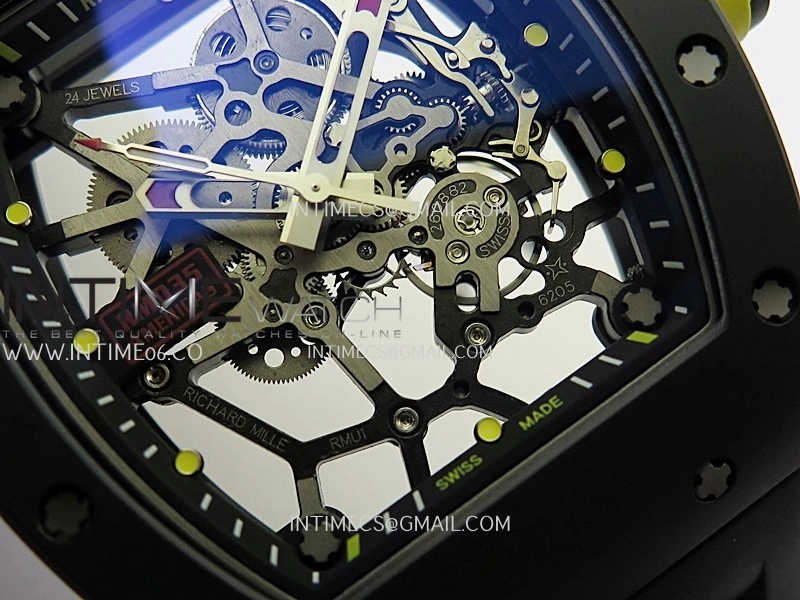 RM035 AMERICAS MANUAL CARBON BLACK CERAMIC ZF 1:1 BEST EDITION SKELETON DIAL ON BLACK RUBBER STRAP SUPER CLONE RMUL1