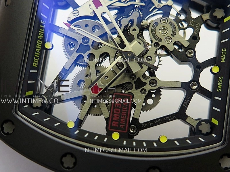 RM035 AMERICAS MANUAL CARBON BLACK CERAMIC ZF 1:1 BEST EDITION SKELETON DIAL ON BLACK RUBBER STRAP SUPER CLONE RMUL1