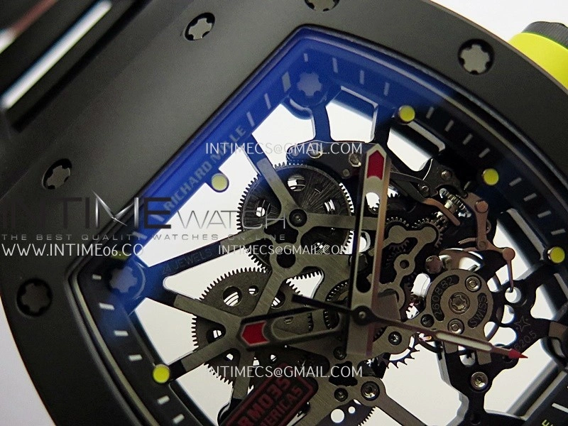 RM035 AMERICAS MANUAL CARBON BLACK CERAMIC ZF 1:1 BEST EDITION SKELETON DIAL ON BLACK RUBBER STRAP SUPER CLONE RMUL1