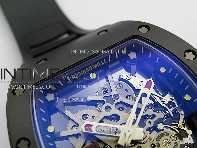 RM035 AMERICAS MANUAL CARBON BLACK CERAMIC ZF 1:1 BEST EDITION SKELETON DIAL ON BLACK RUBBER STRAP SUPER CLONE RMUL1