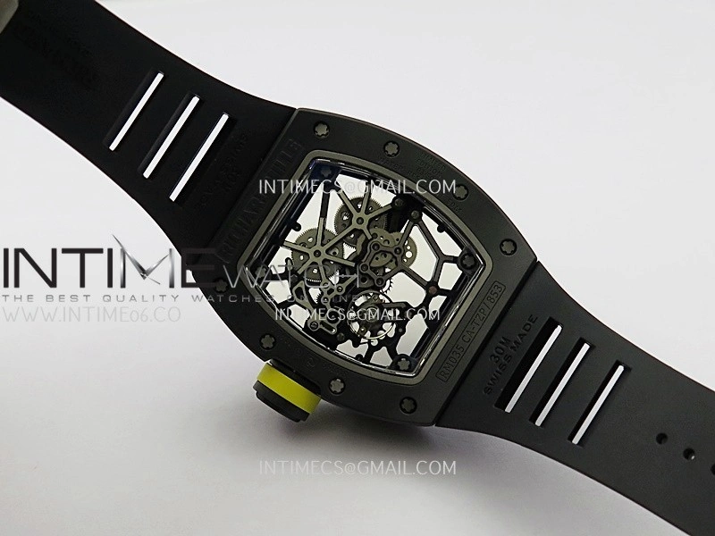 RM035 AMERICAS MANUAL CARBON BLACK CERAMIC ZF 1:1 BEST EDITION SKELETON DIAL ON BLACK RUBBER STRAP SUPER CLONE RMUL1